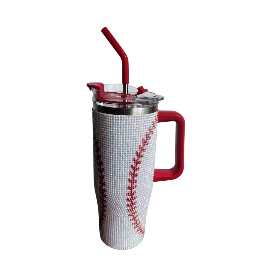 Custom Baseball Rhinestone Tumbler 40oz Insulated Stainless Steel Cup Handle Lid